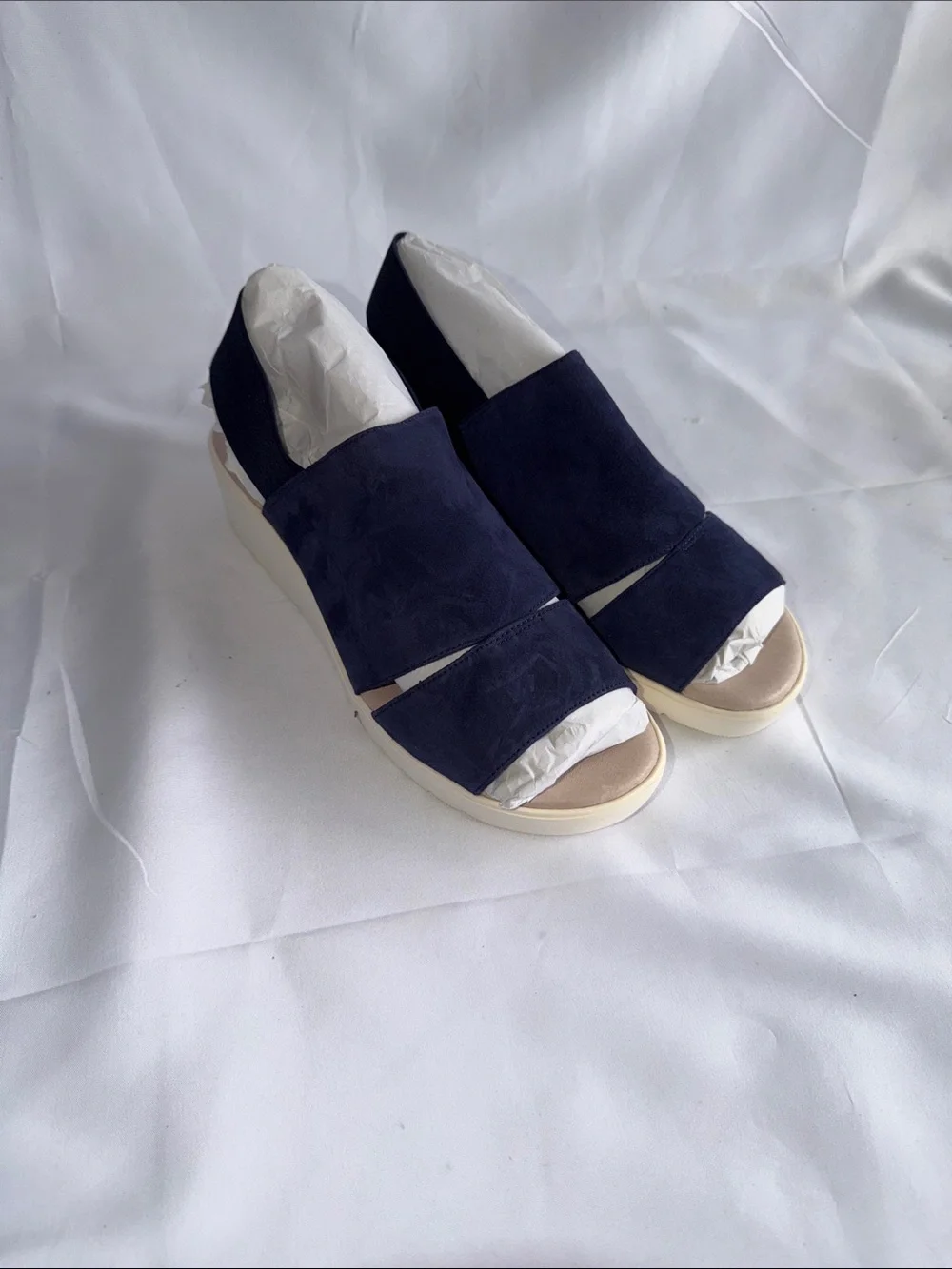 Johnston & Murphy Cassandra Navy Italian Kid Suede Wedge Slingback Sandals Sz 10